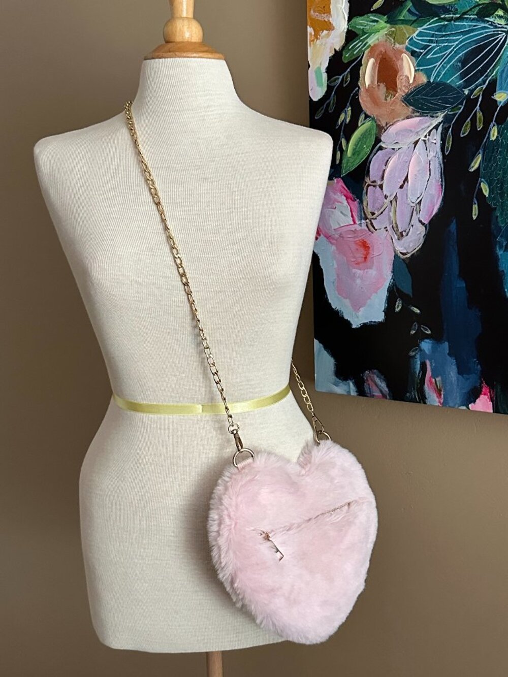 Pink Faux Fur Heart Crossbody Bag Gold Chain Coquette Y2K Purse
